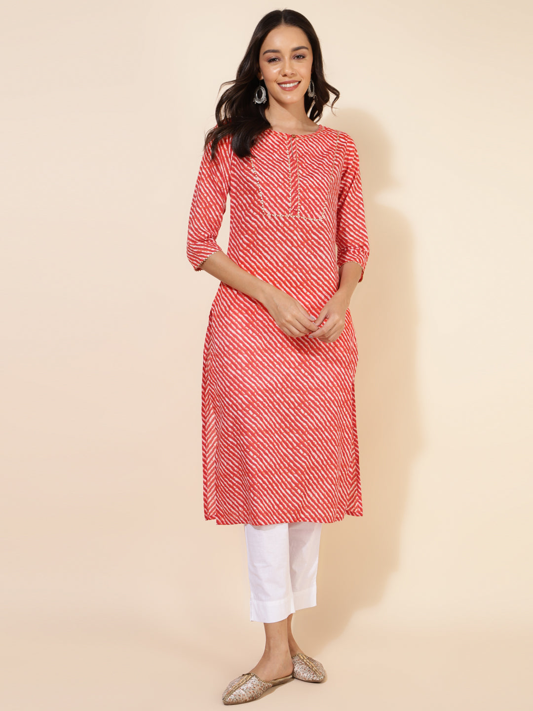 Janasya Red Cotton Striped Casual Kurta - Distacart
