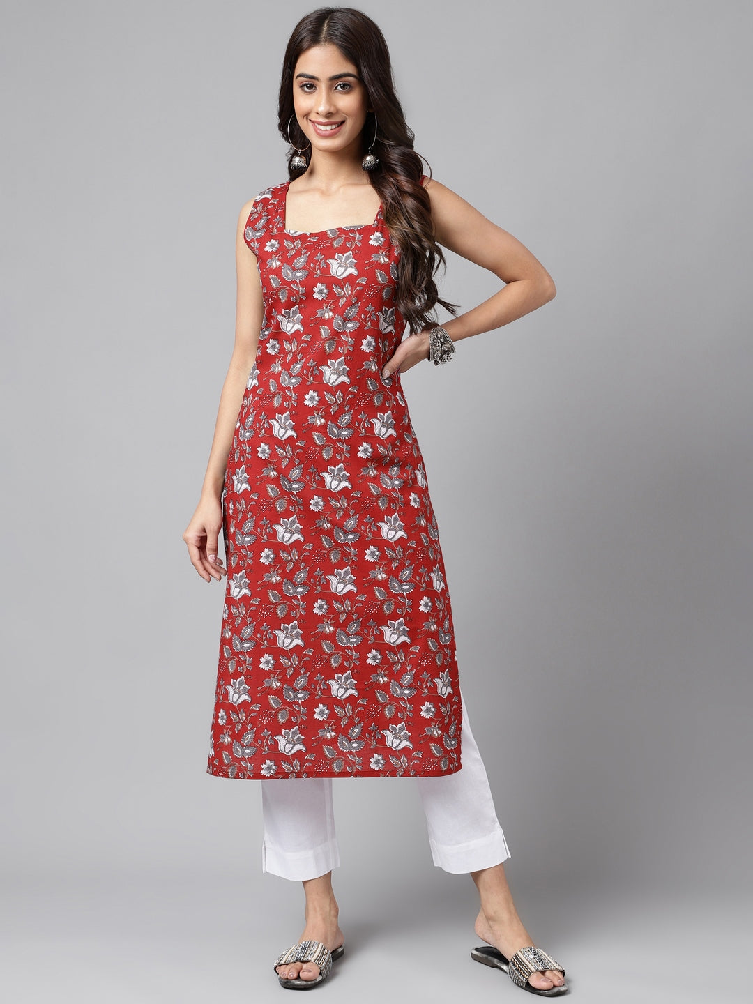 Janasya Women's Maroon Cotton Botanical Printed Casual Straight Kurta - Distacart
