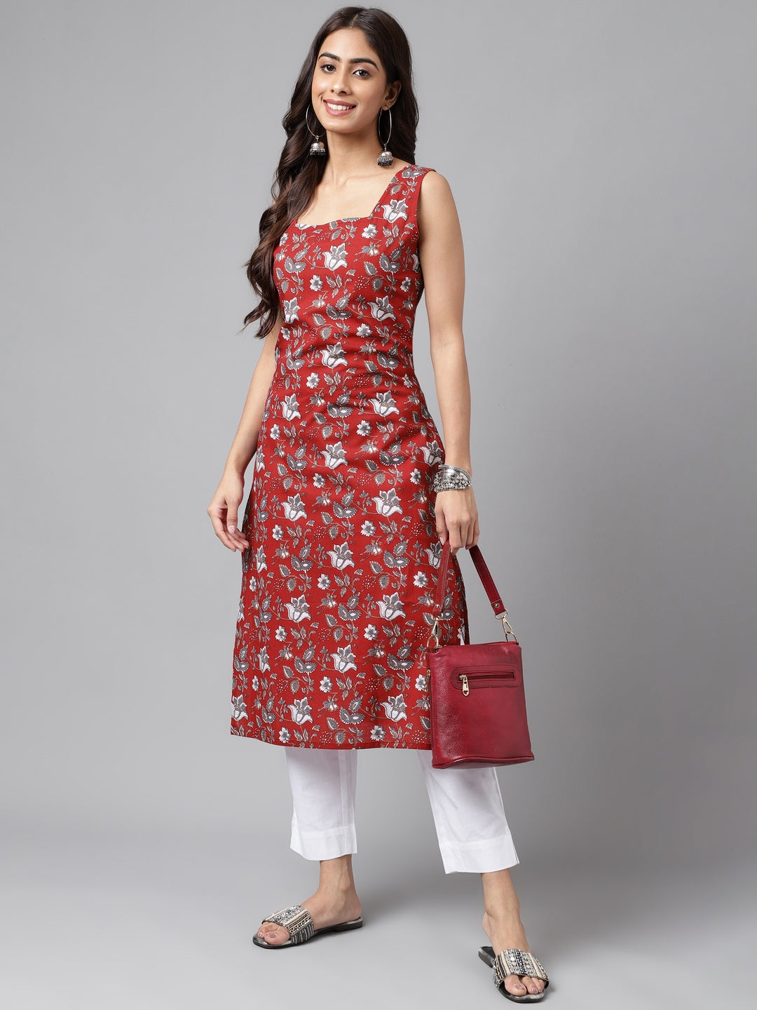 Janasya Women's Maroon Cotton Botanical Printed Casual Straight Kurta - Distacart
