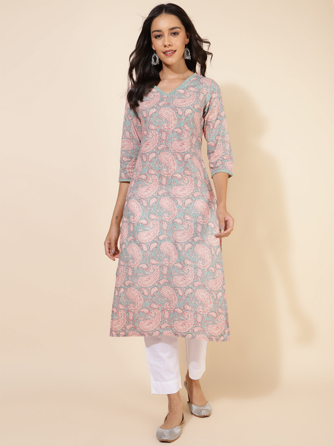 Janasya Sage Green Cotton Paisley Printed Casual Kurta - Distacart