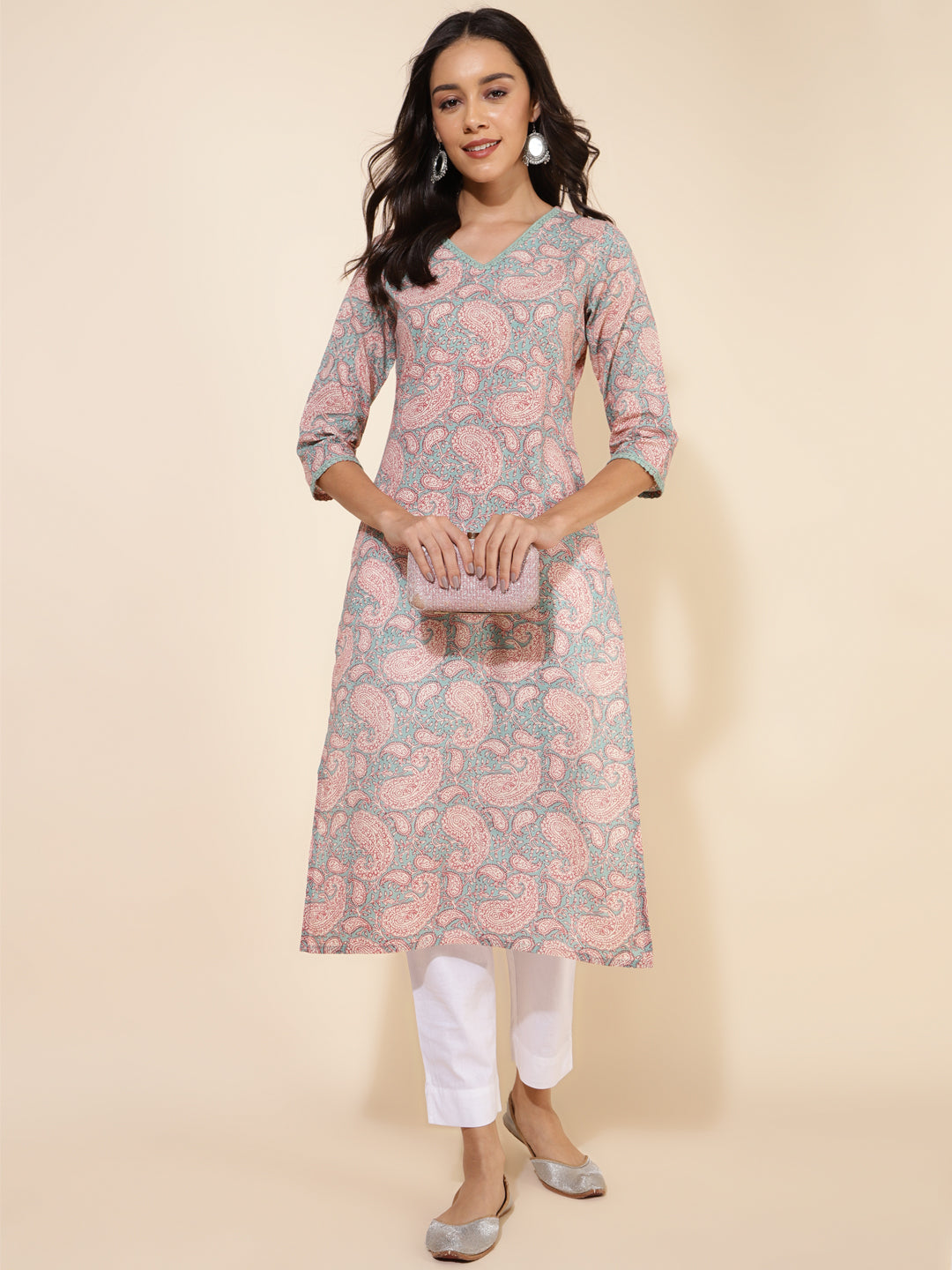 Janasya Sage Green Cotton Paisley Printed Casual Kurta - Distacart