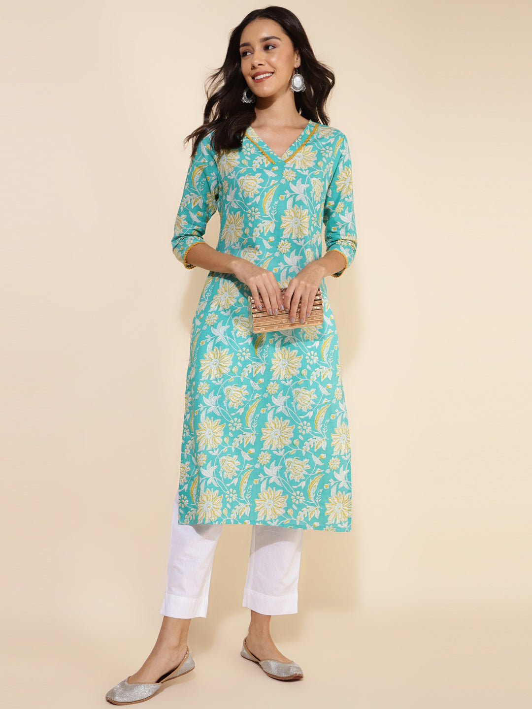 Janasya Aqua Blue Cotton Floral Printed Casual Kurta - Distacart