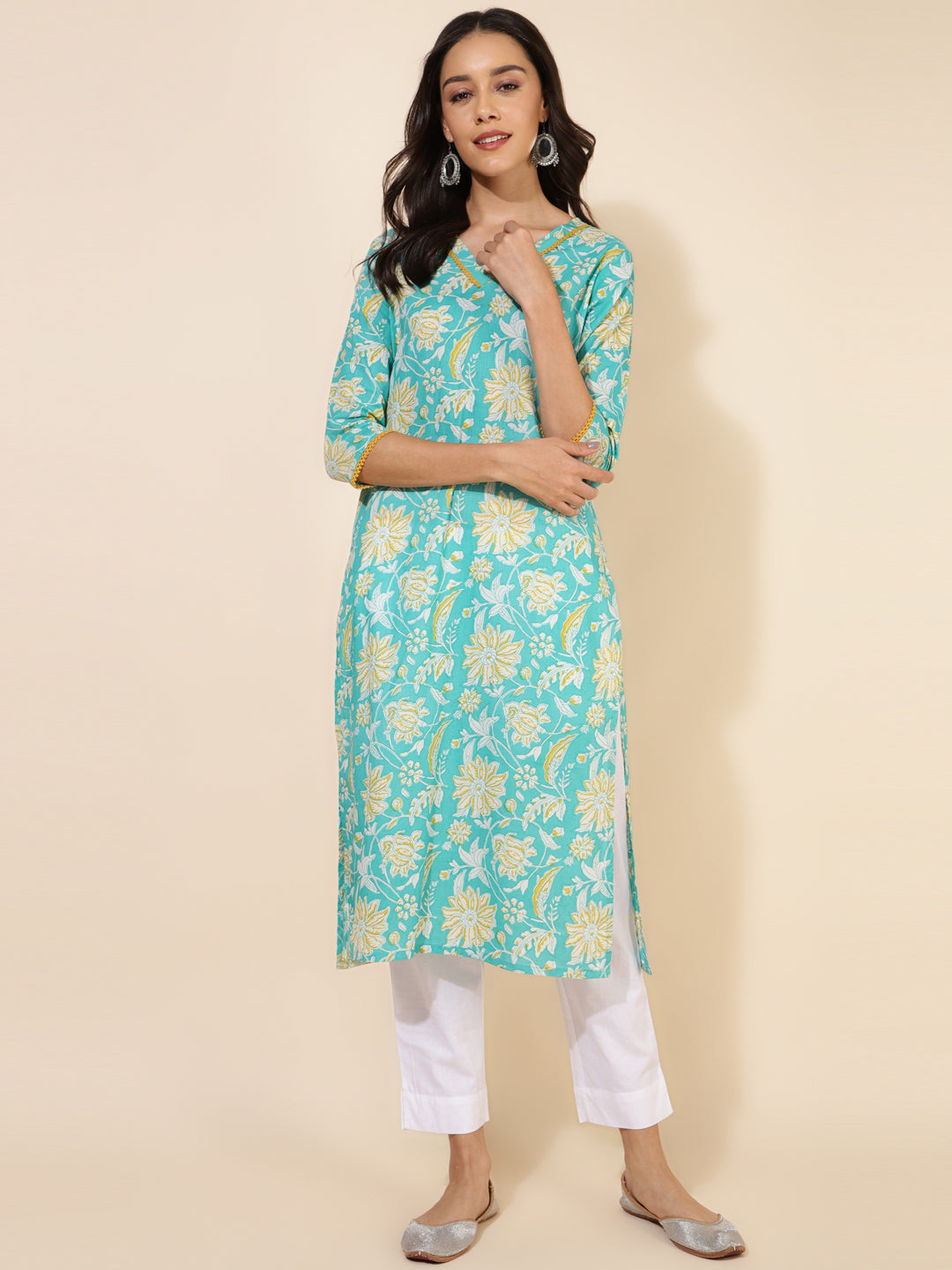 Janasya Aqua Blue Cotton Floral Printed Casual Kurta - Distacart