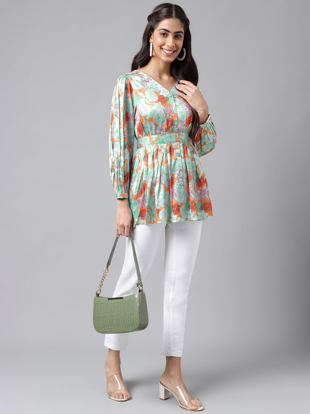 Janasya Women's Orange Satin Digital Floral Printed Casual Peplum Top - Distacart