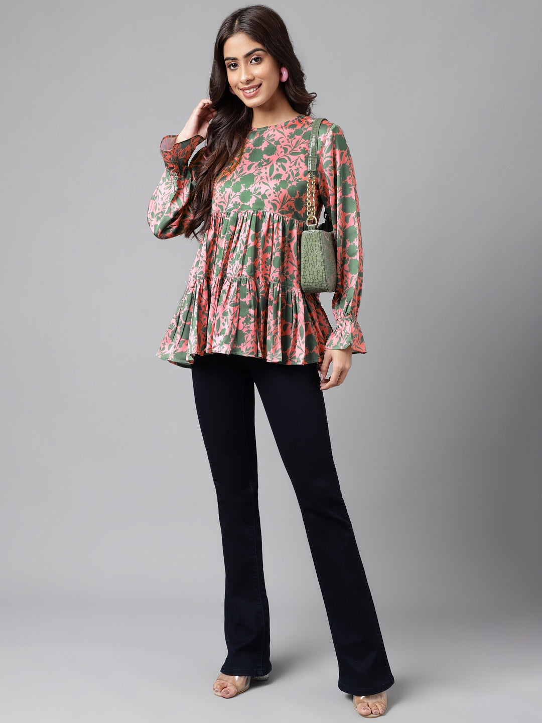 Janasya Women's Pink Satin Digital Floral Printed Casual Flared Top - Distacart