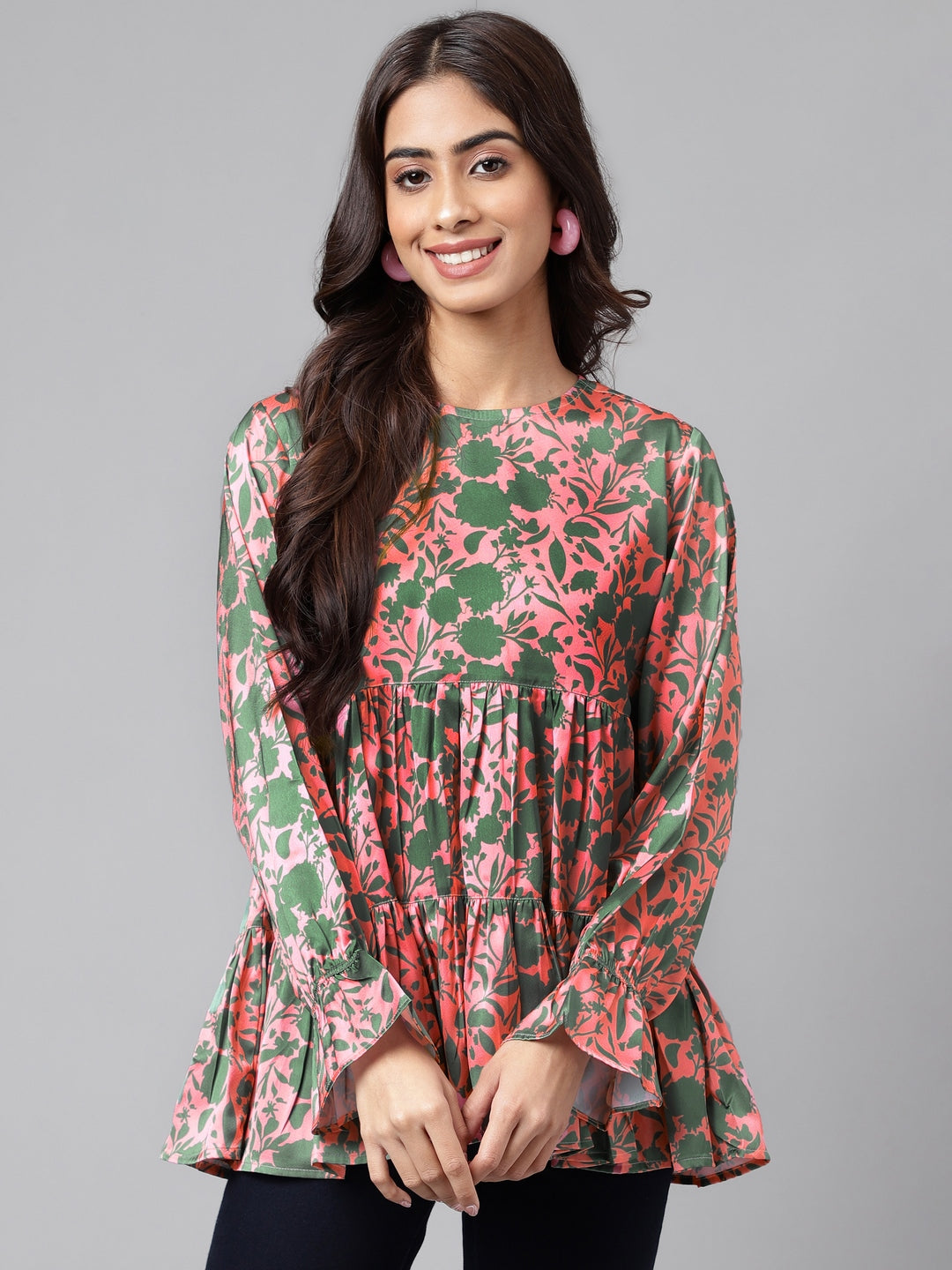Janasya Women's Pink Satin Digital Floral Printed Casual Flared Top - Distacart