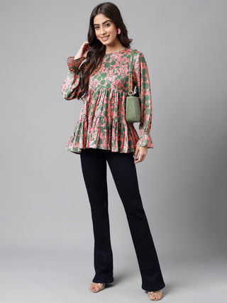 Janasya Women's Pink Satin Digital Floral Printed Casual Flared Top - Distacart