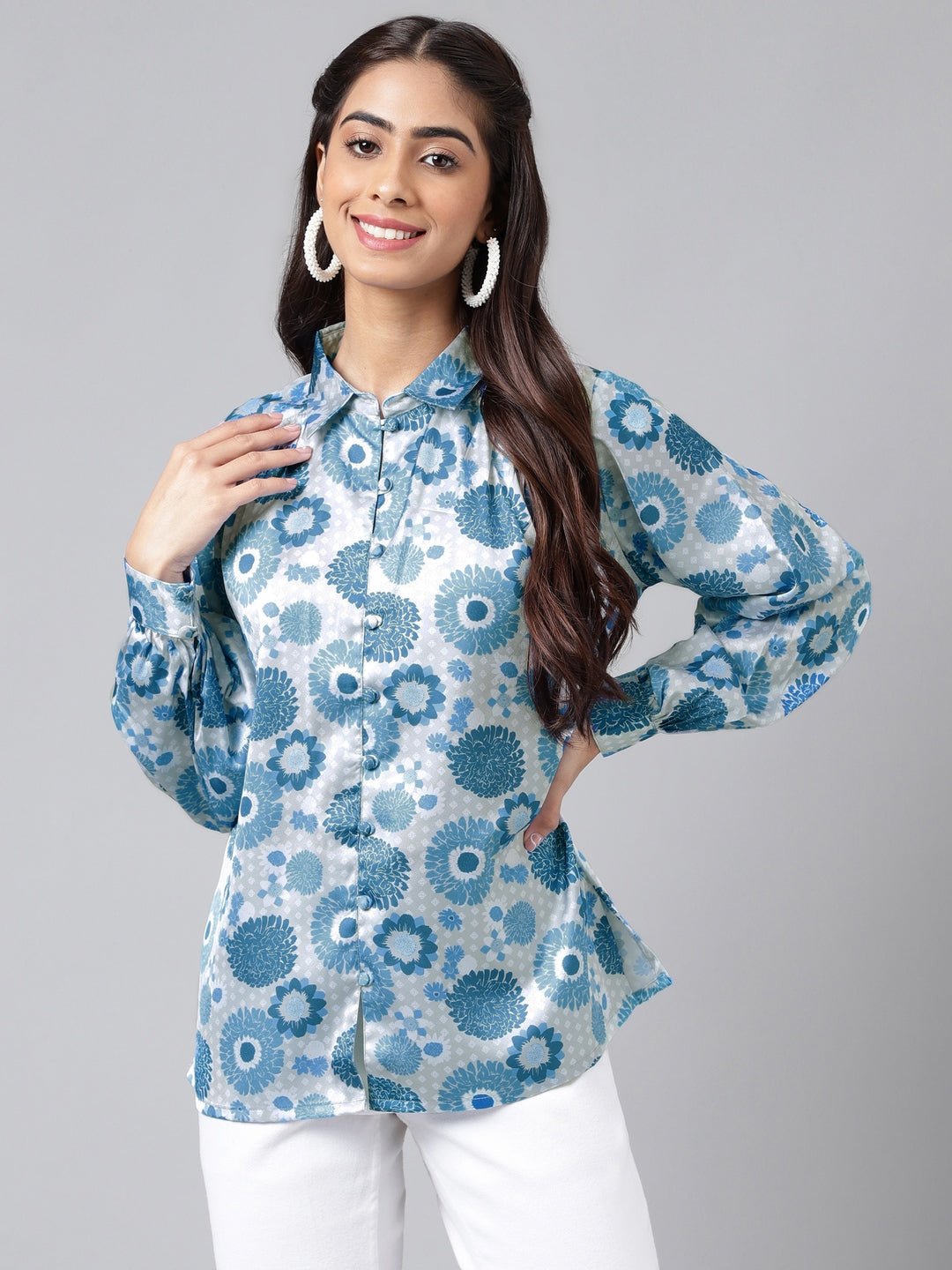 Janasya Women's Grey Satin Digital Floral Printed Casual Shirt Style Top - Distacart
