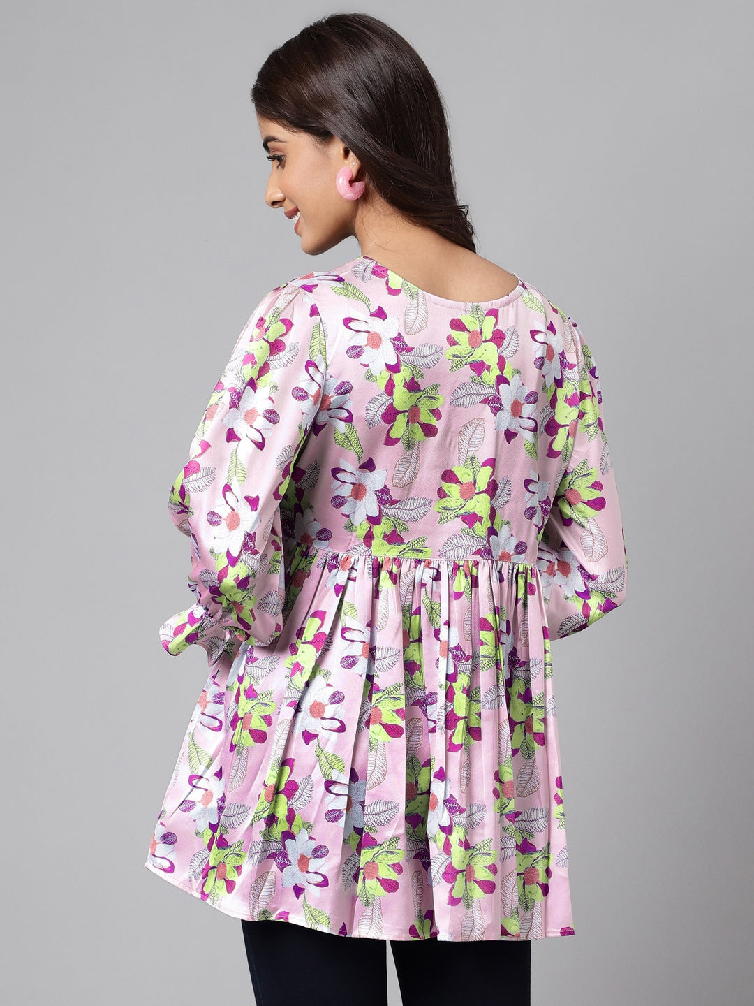 Janasya Women's Lavender Satin Digital Floral Printed Casual Flared Top - Distacart