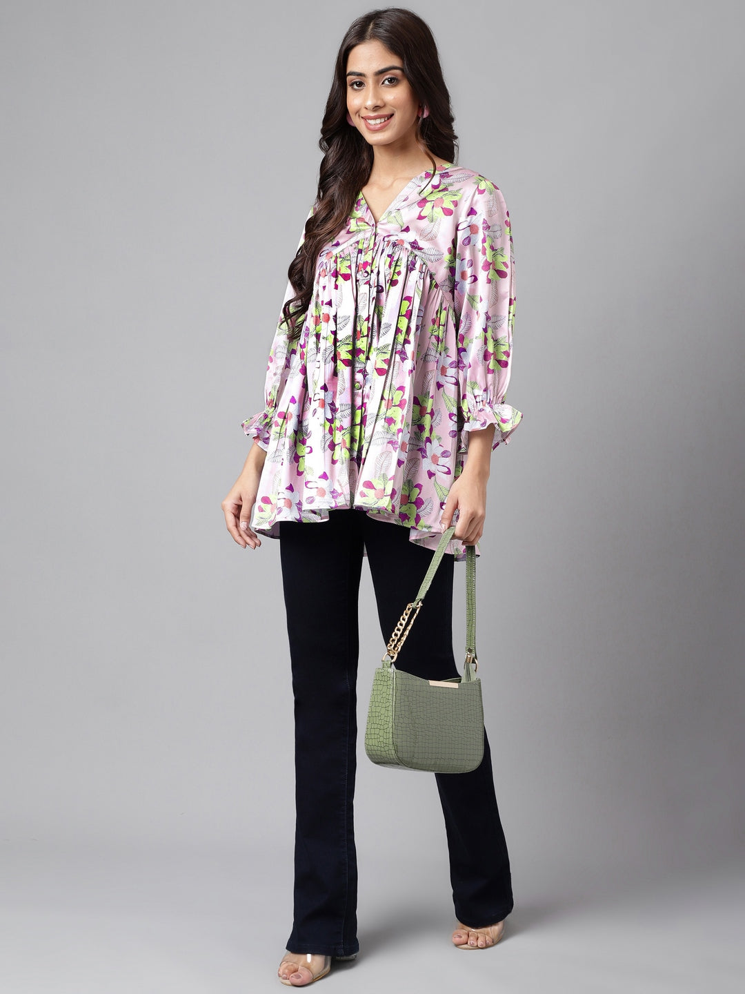 Janasya Women's Lavender Satin Digital Floral Printed Casual Flared Top - Distacart