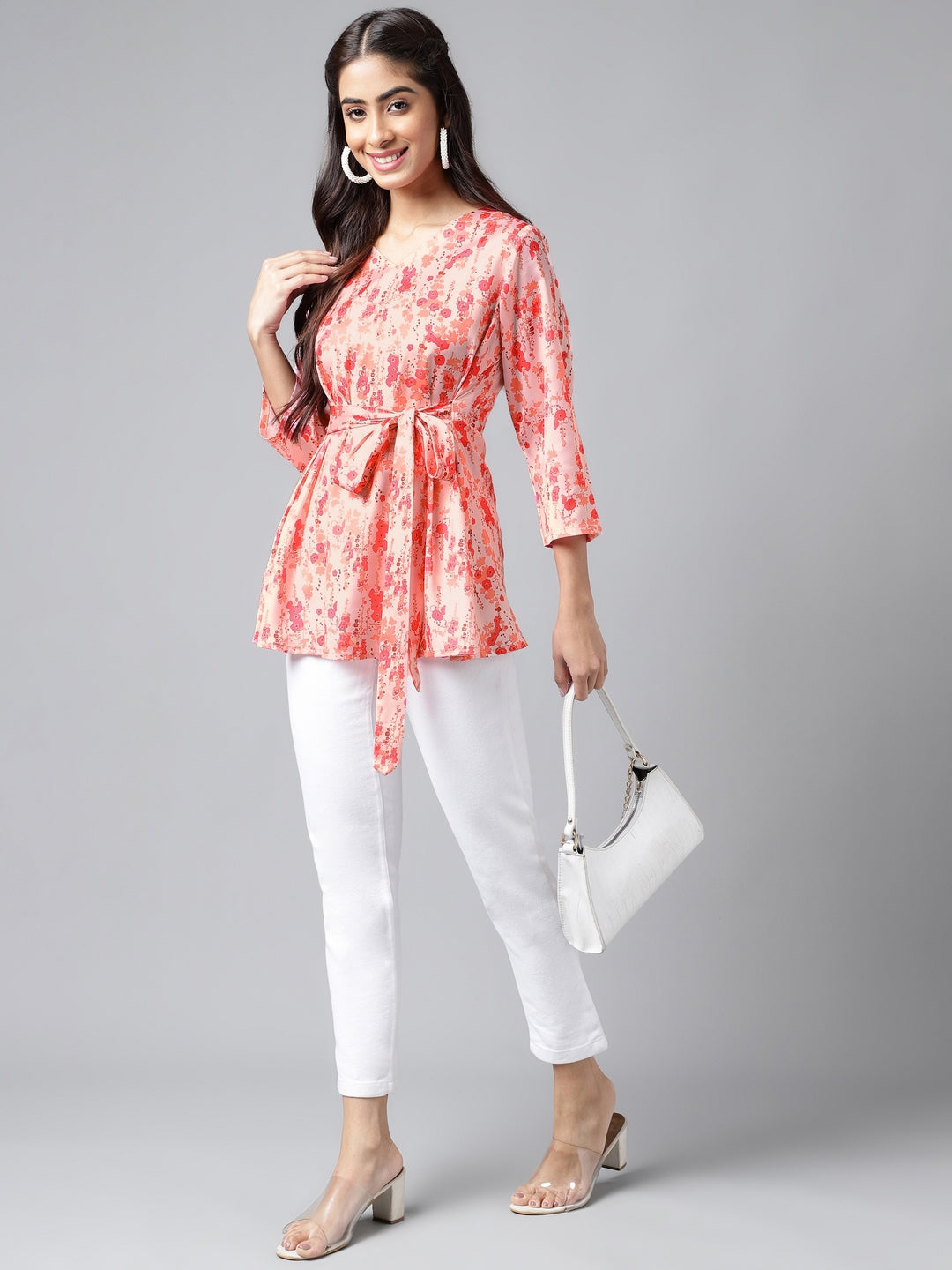 Janasya Women's Peach Satin Digital Floral Printed Casual A-Line Top - Distacart