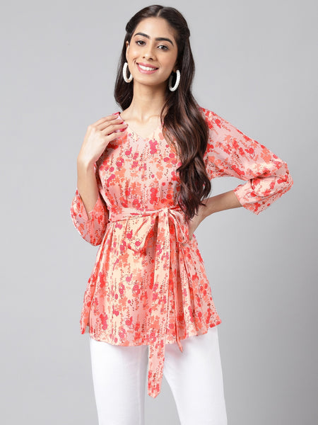 Janasya Women's Peach Satin Digital Floral Printed Casual A-Line Top - Distacart