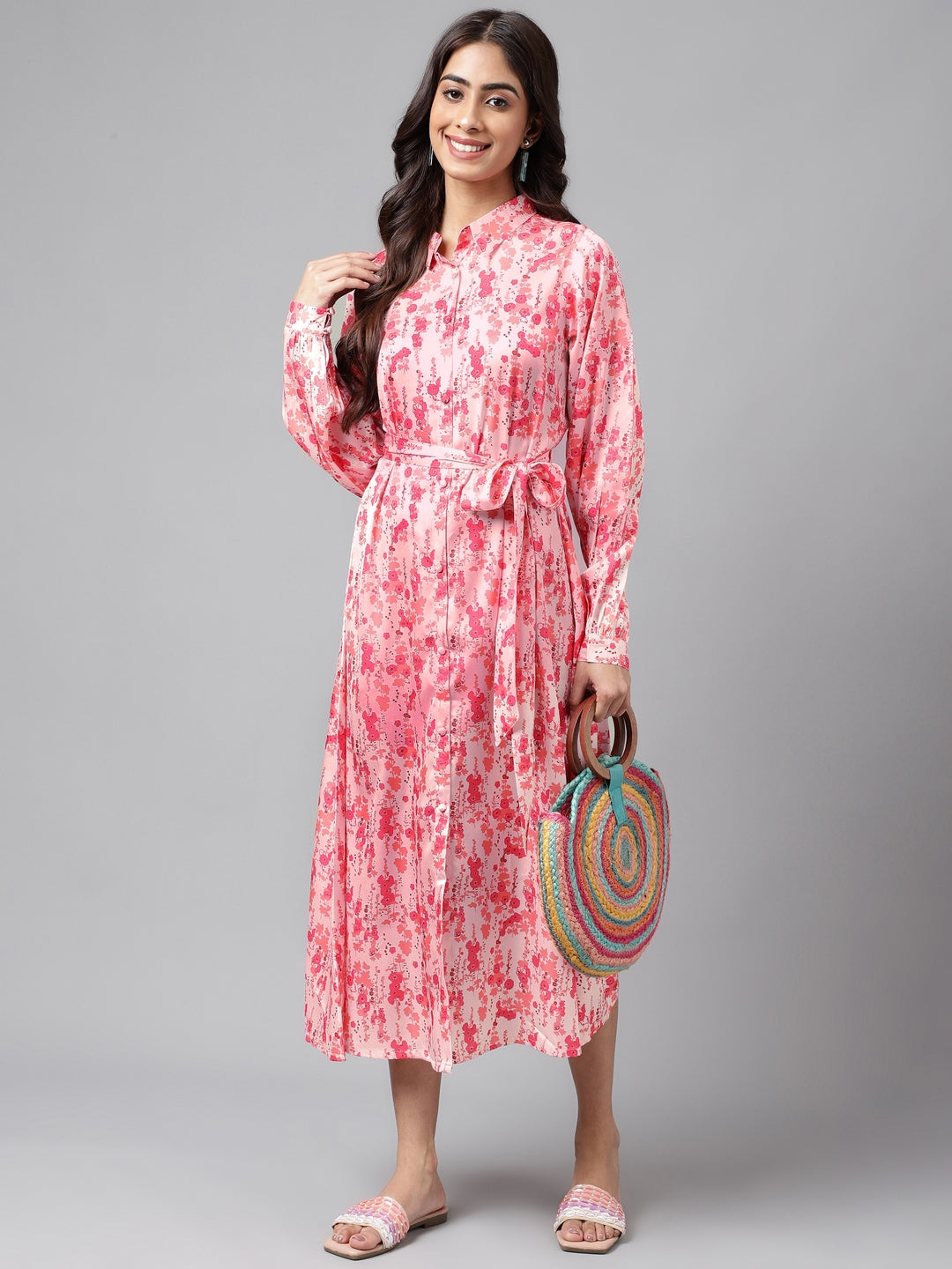 Janasya Women's Peach Satin Digital Floral Printed A-line Casual Dress - Distacart