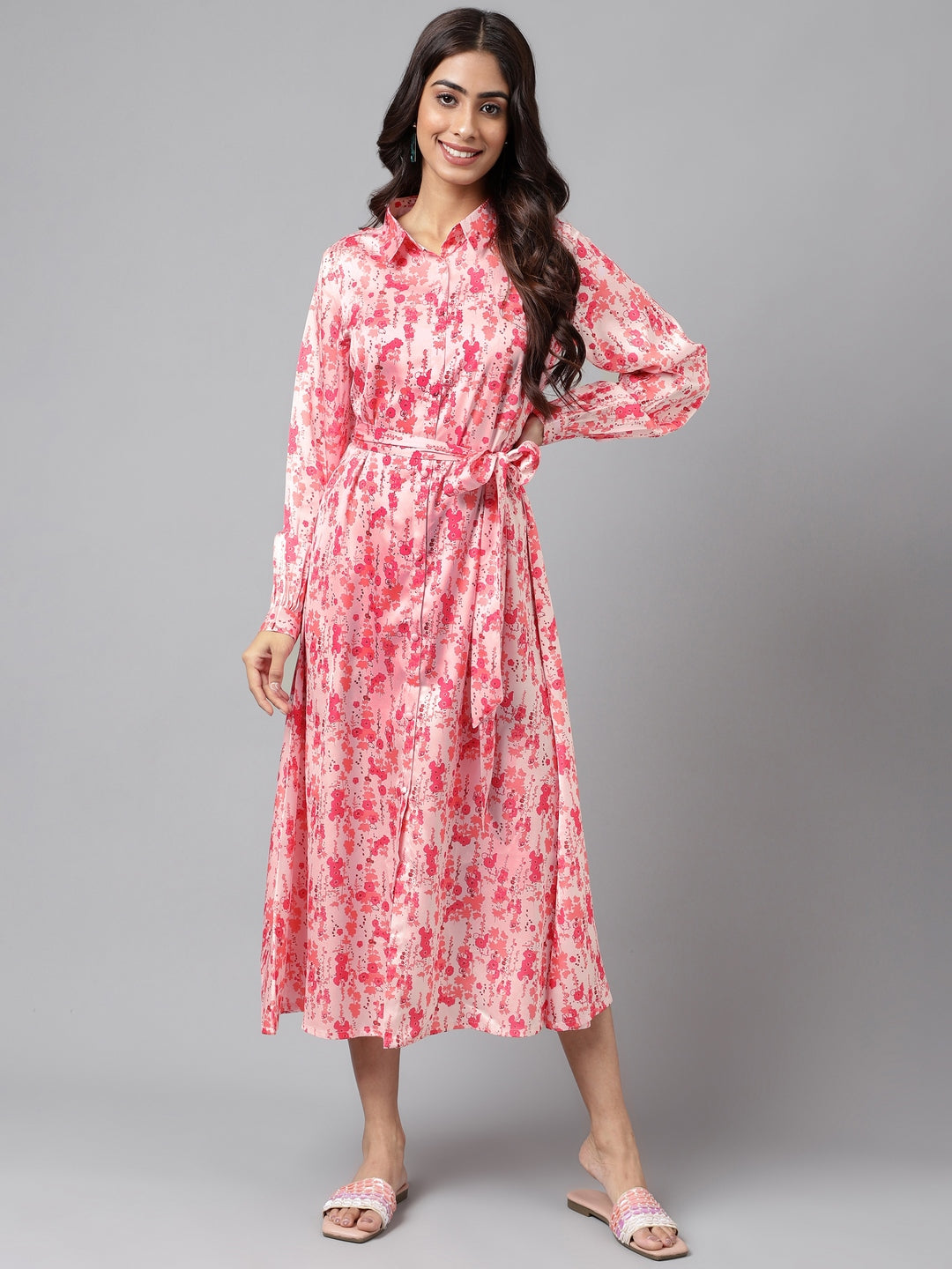 Janasya Women's Peach Satin Digital Floral Printed A-line Casual Dress - Distacart