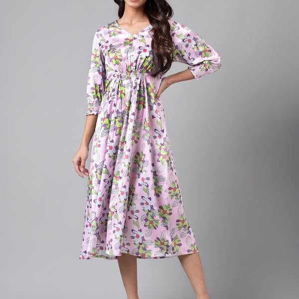 Janasya Women's Lavender Satin Digital Floral Printed A-line Casual Dress - Distacart