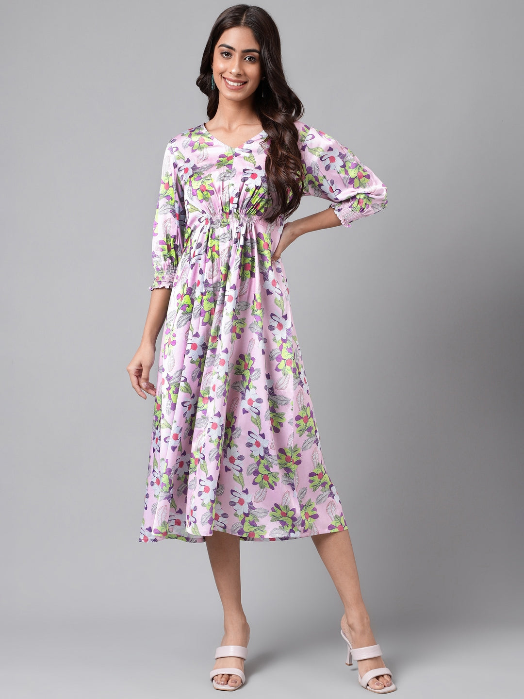 Janasya Women's Lavender Satin Digital Floral Printed A-line Casual Dress - Distacart