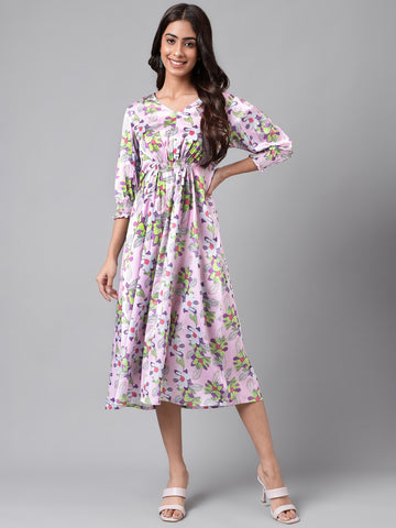 Janasya Women's Lavender Satin Digital Floral Printed A-line Casual Dress - Distacart