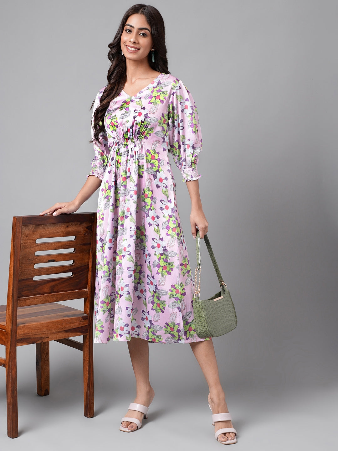 Janasya Women's Lavender Satin Digital Floral Printed A-line Casual Dress - Distacart