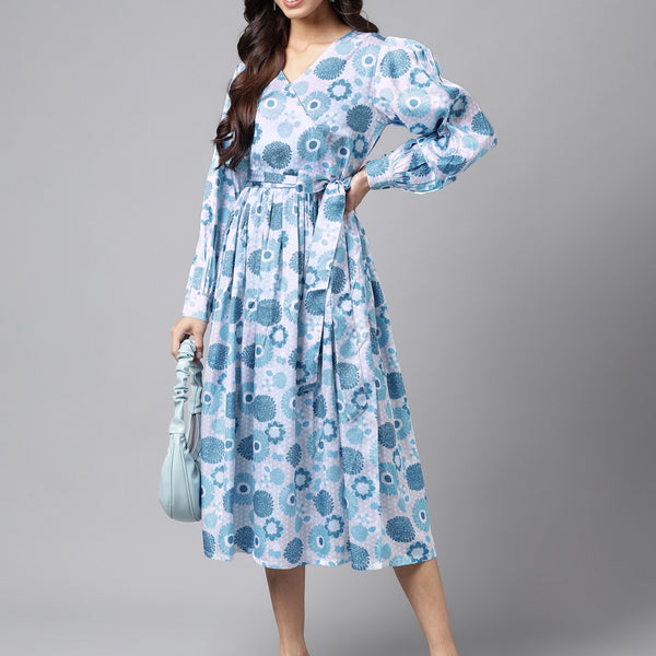 Janasya Women's Grey Satin Digital Floral Printed Flared Casual Dress - Distacart