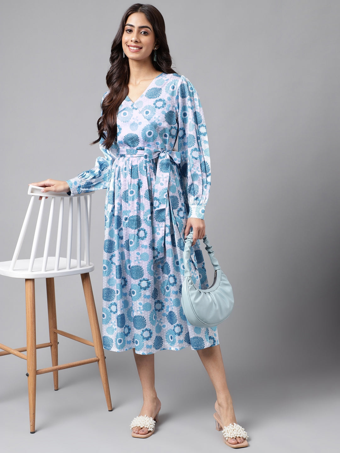 Janasya Women's Grey Satin Digital Floral Printed Flared Casual Dress - Distacart