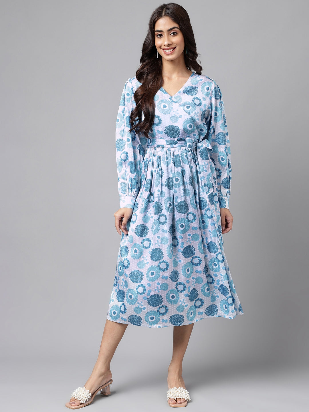 Janasya Women's Grey Satin Digital Floral Printed Flared Casual Dress - Distacart