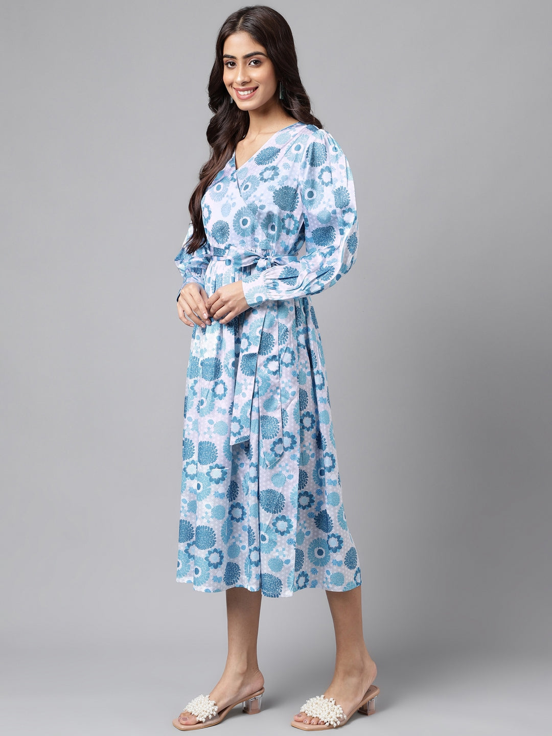 Janasya Women's Grey Satin Digital Floral Printed Flared Casual Dress - Distacart