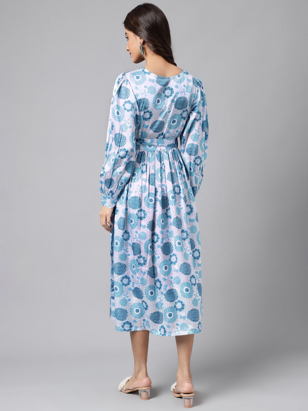 Janasya Women's Grey Satin Digital Floral Printed Flared Casual Dress - Distacart