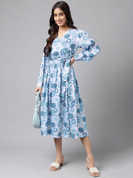 Janasya Women's Grey Satin Digital Floral Printed Flared Casual Dress - Distacart