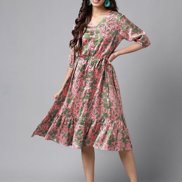 Janasya Women's Pink Satin Digital Floral Printed A-line Ethnic Dress - Distacart