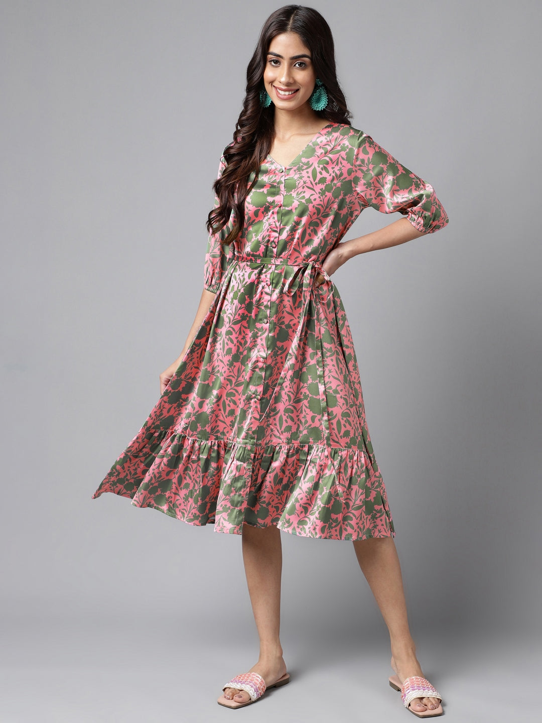 Janasya Women's Pink Satin Digital Floral Printed A-line Ethnic Dress - Distacart