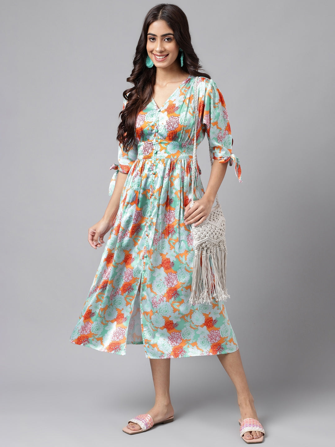 Janasya Women's Orange Satin Digital Floral Printed Flared Casual Dress - Distacart