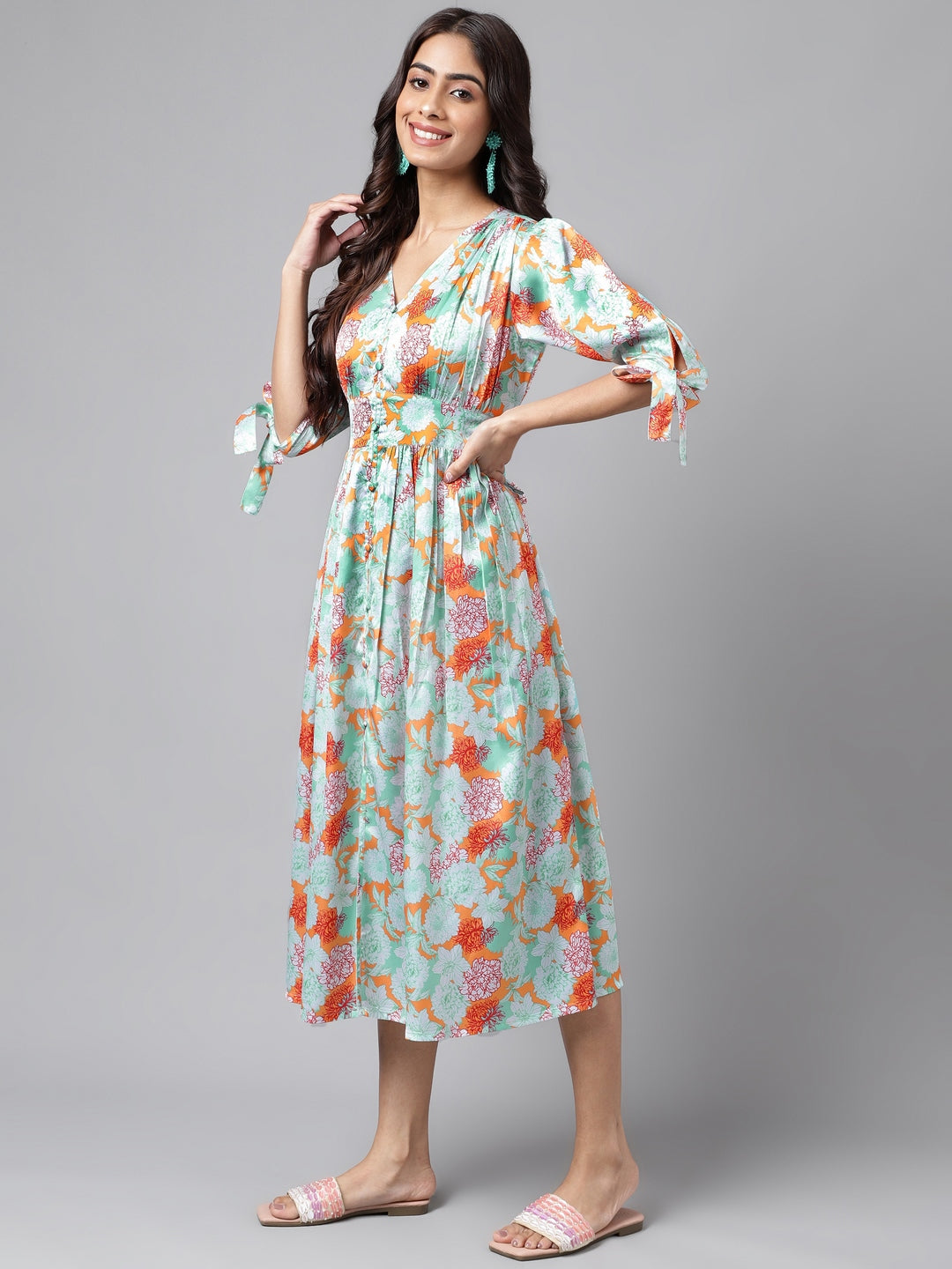 Janasya Women's Orange Satin Digital Floral Printed Flared Casual Dress - Distacart