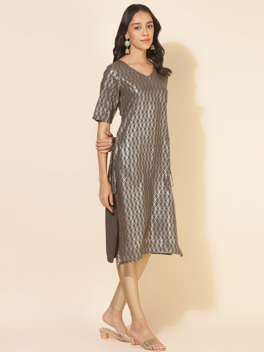 Janasya Grey Crepe Foil Printed Festive Kurta - Distacart