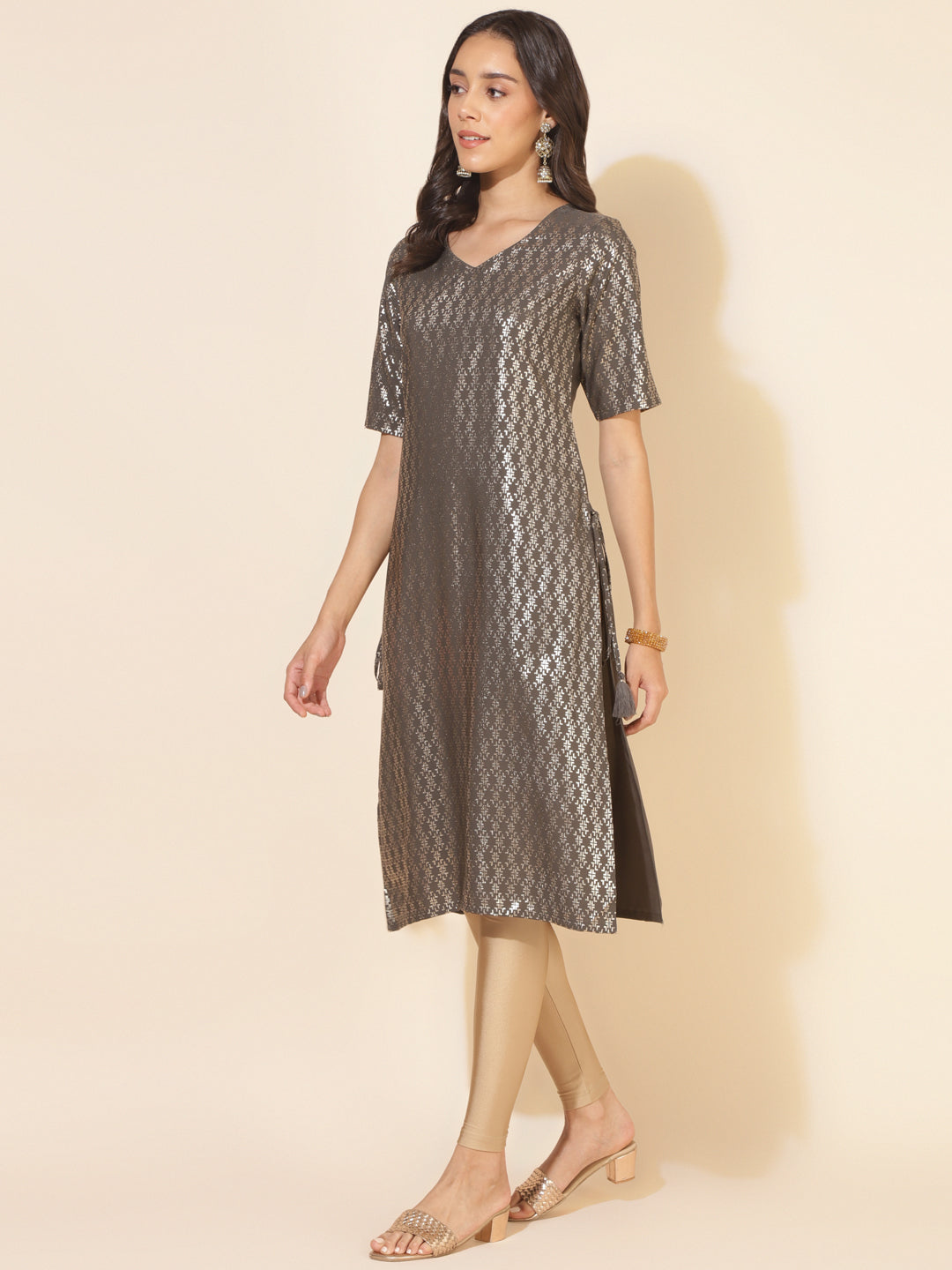 Janasya Grey Crepe Foil Printed Festive Kurta - Distacart