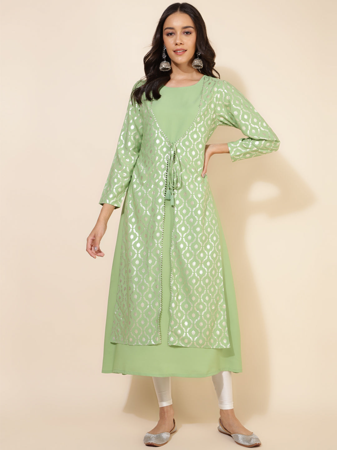 Janasya Light Green Crepe Foil Printed Festive Kurta - Distacart