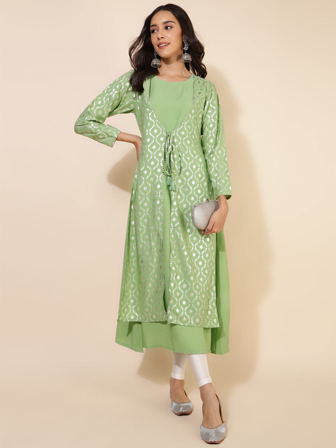 Janasya Light Green Crepe Foil Printed Festive Kurta - Distacart