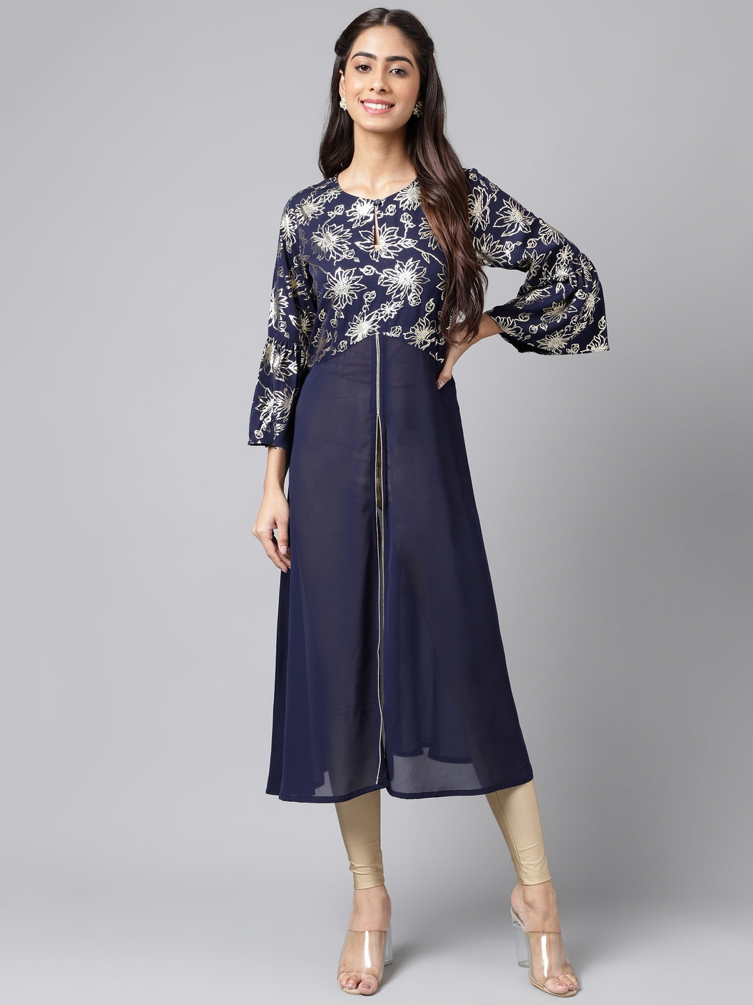 Janasya Women's Navy Blue Georgette Foil Printed Festive A-Line Kurta - Distacart
