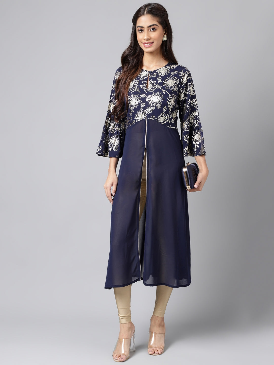Janasya Women's Navy Blue Georgette Foil Printed Festive A-Line Kurta - Distacart