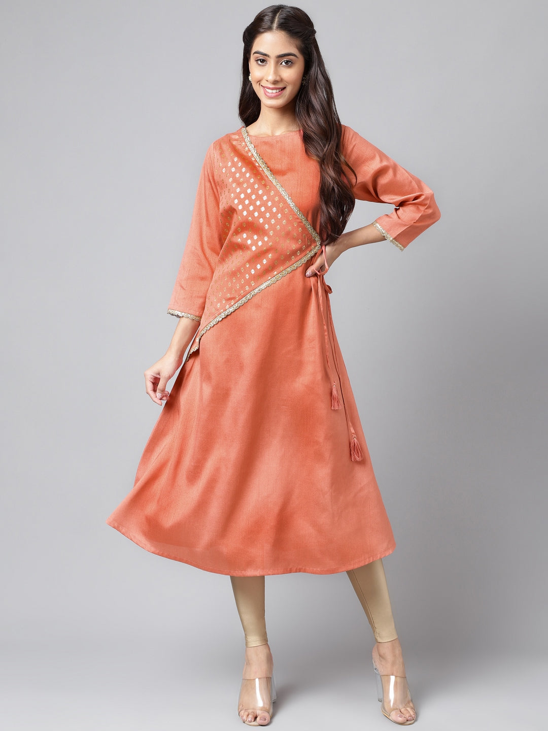 Janasya Women's Peach Crepe Silk Embellished Festive A-Line Kurta - Distacart