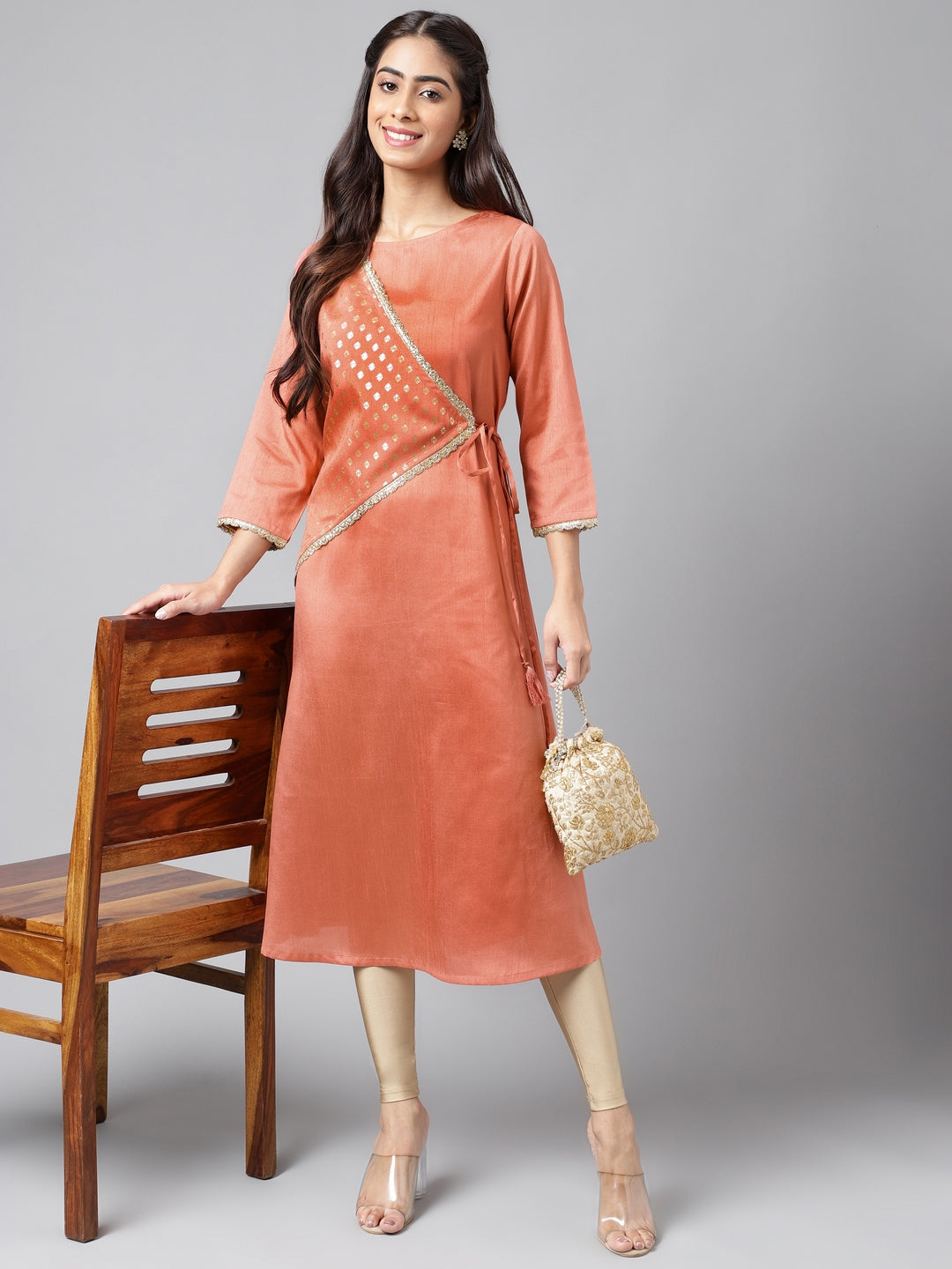 Janasya Women's Peach Crepe Silk Embellished Festive A-Line Kurta - Distacart
