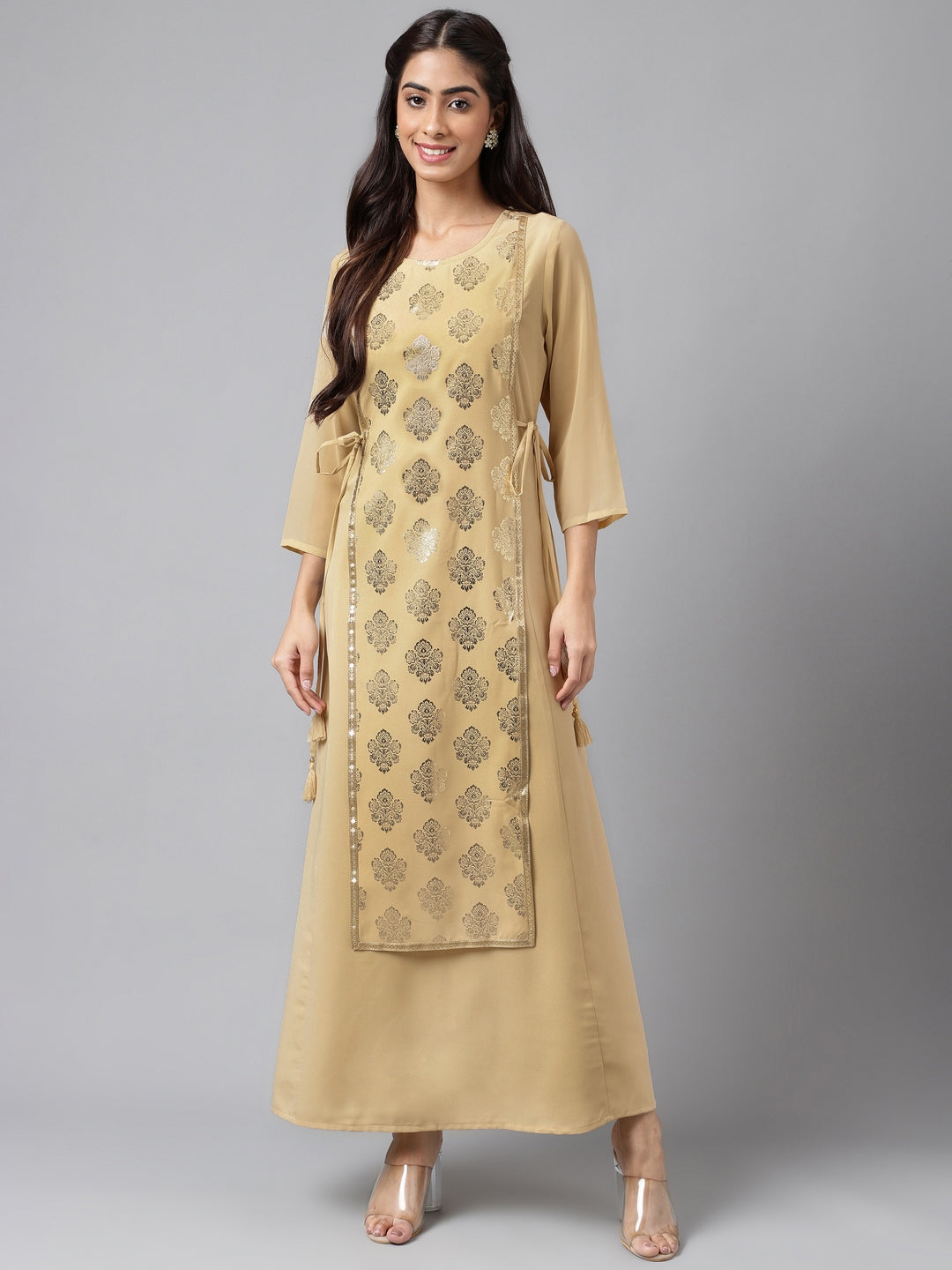 Janasya Women's Beige Crepe Embellished Festive A-Line Kurta - Distacart