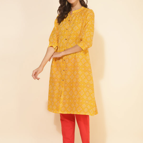 Janasya Yellow Cotton Bandhani Printed Casual Kurta - Distacart