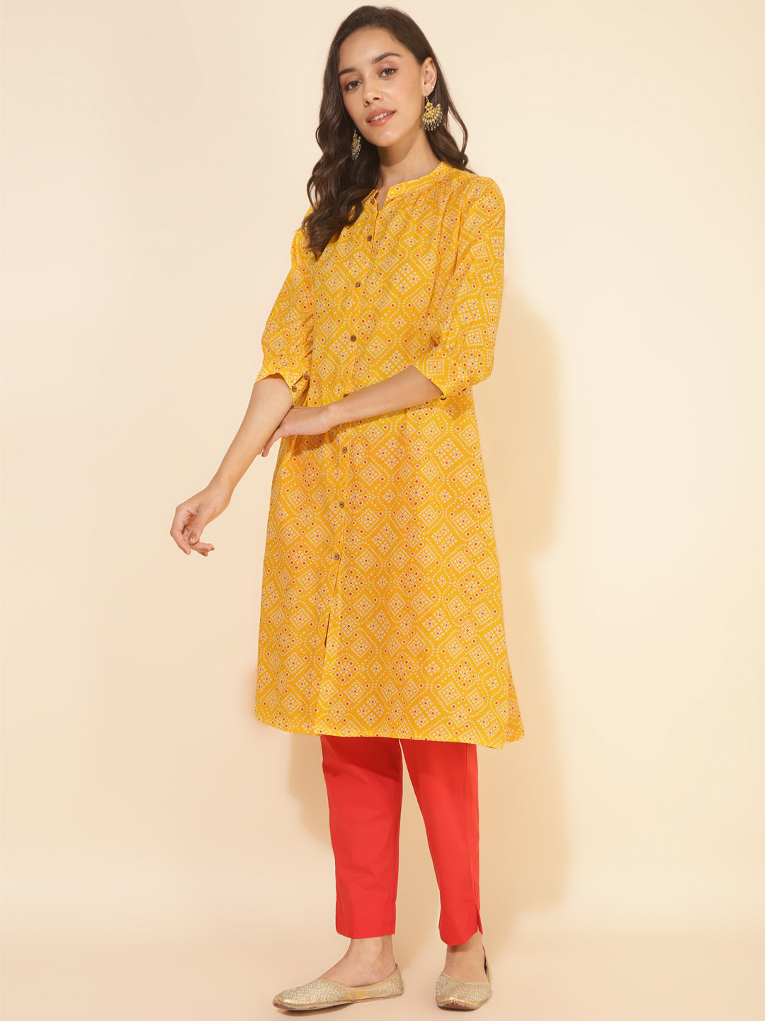 Janasya Yellow Cotton Bandhani Printed Casual Kurta - Distacart