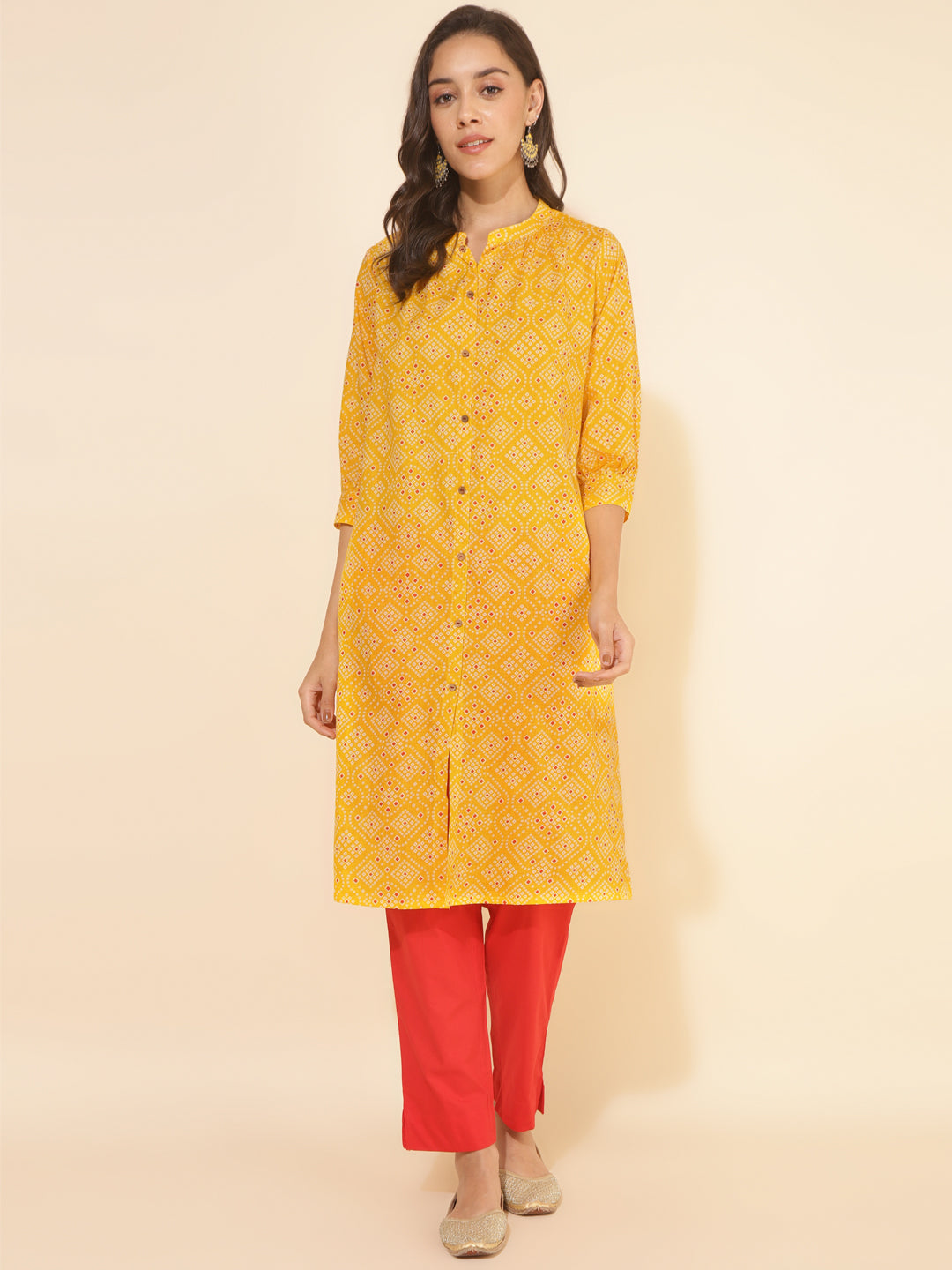 Janasya Yellow Cotton Bandhani Printed Casual Kurta - Distacart