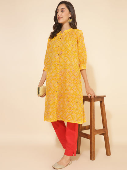 Janasya Yellow Cotton Bandhani Printed Casual Kurta - Distacart