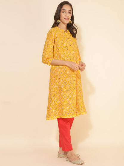 Janasya Yellow Cotton Bandhani Printed Casual Kurta - Distacart
