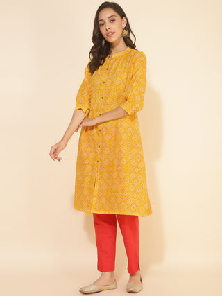 Janasya Yellow Cotton Bandhani Printed Casual Kurta - Distacart