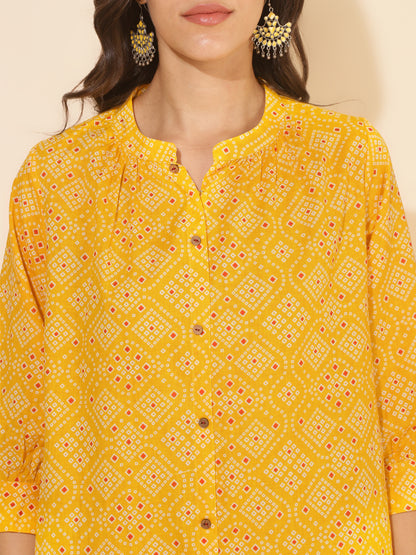 Janasya Yellow Cotton Bandhani Printed Casual Kurta - Distacart