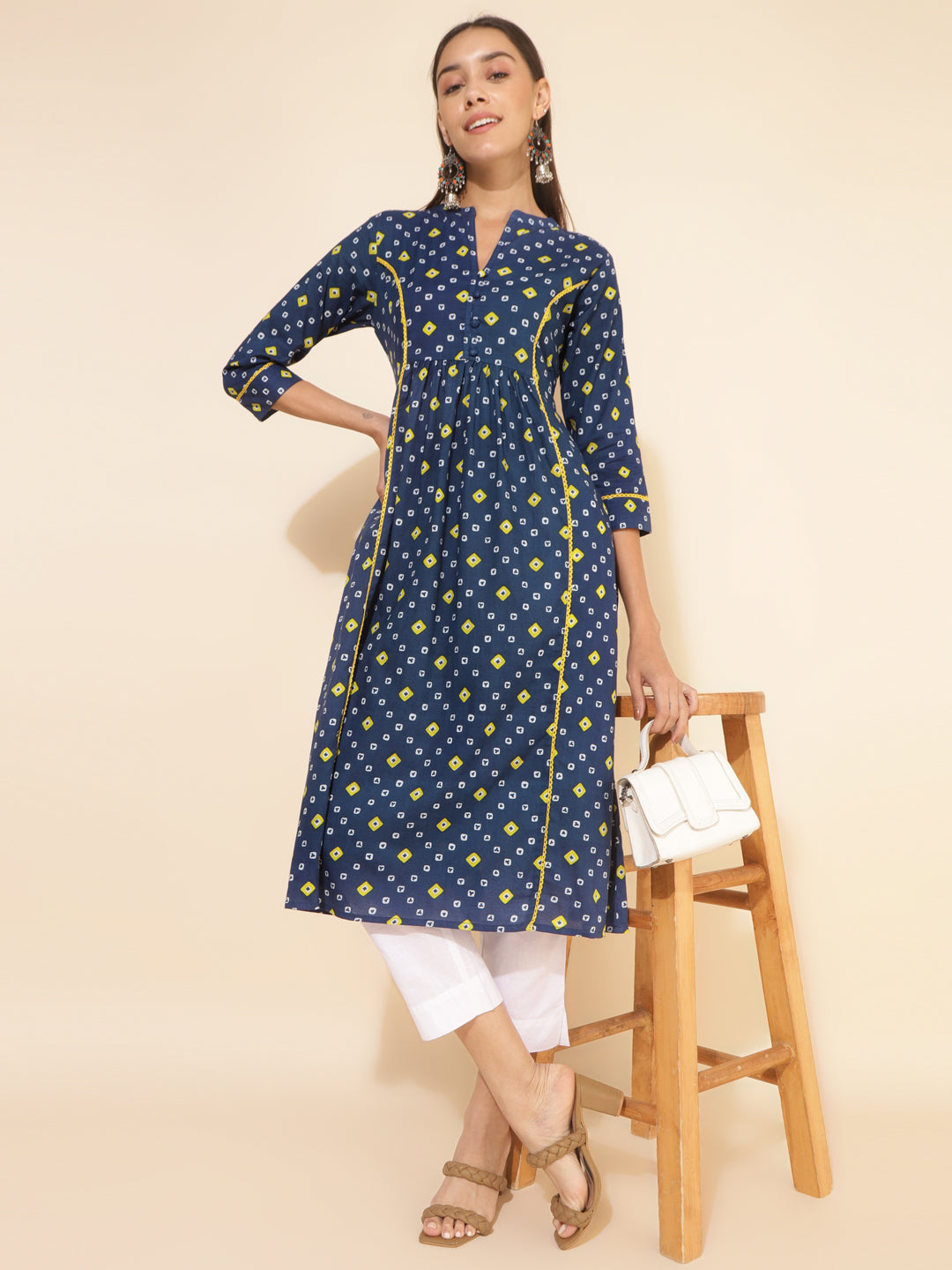 Janasya Blue Cotton Bandhani Printed Casual Kurta - Distacart