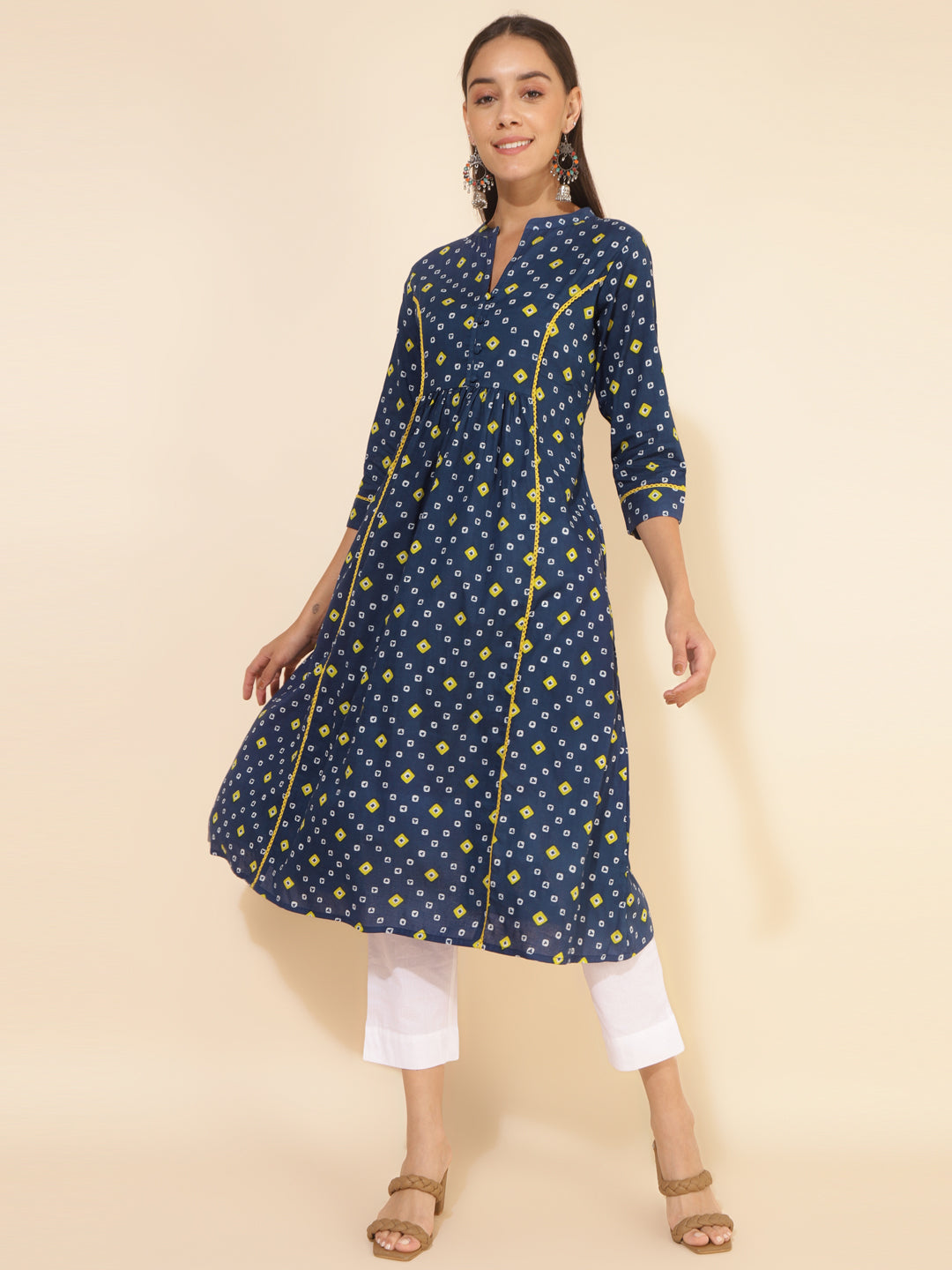 Janasya Blue Cotton Bandhani Printed Casual Kurta - Distacart